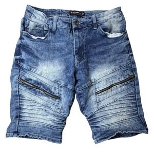Southpole Mens Biker Denim Shorts Blue Acid Wash Moto Slim Fit Size 32 Zippers
